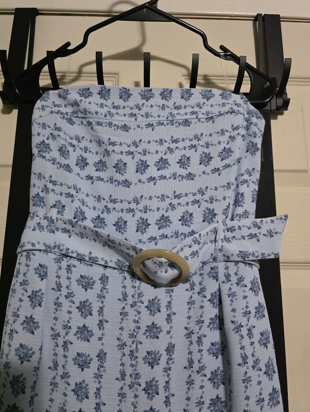 Blue Floral Strapless Jumpsuit with Tie Belt